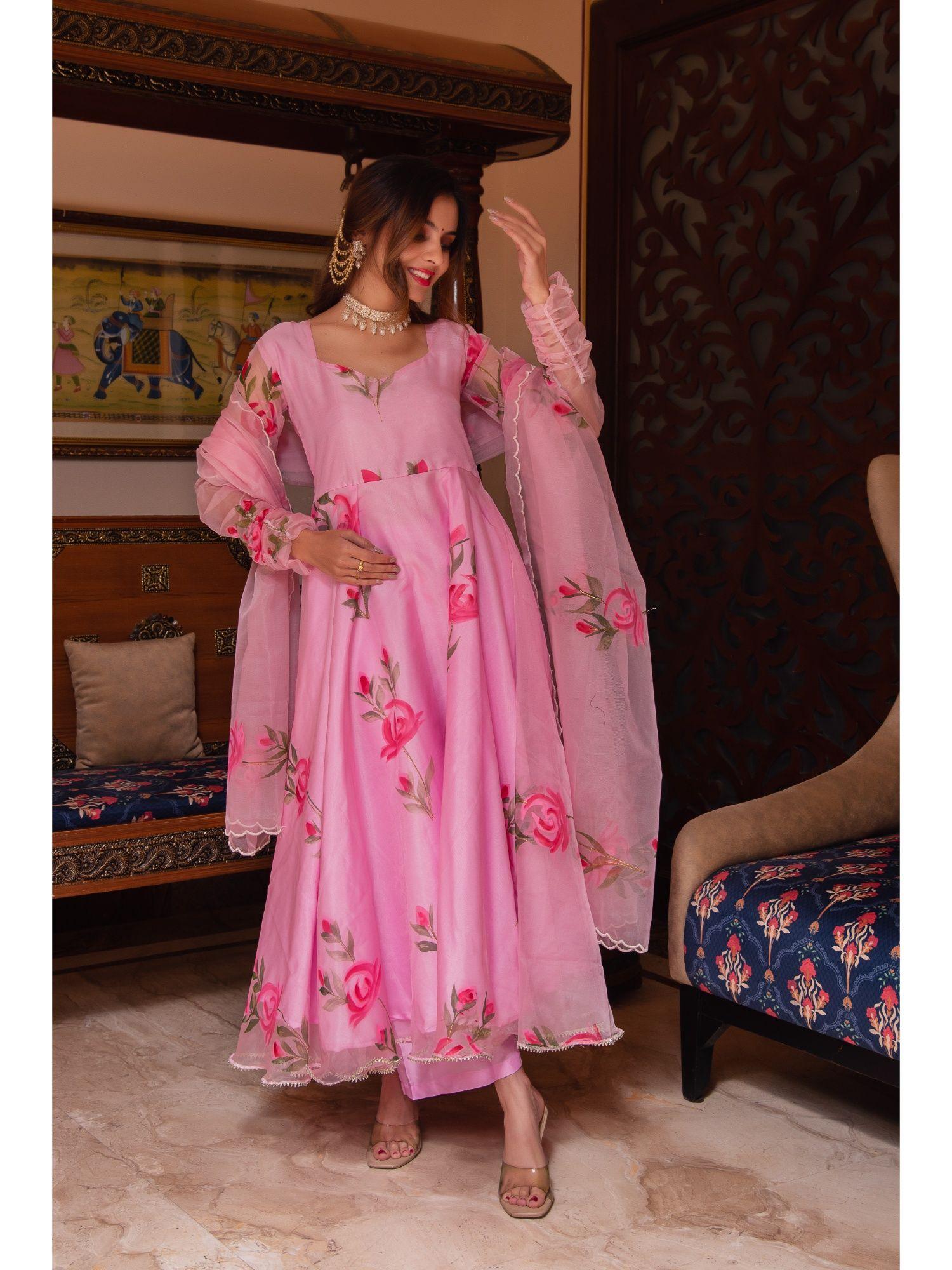baby pink handpainted gotapatti anarkali suit with pant and dupatta (set of 3)