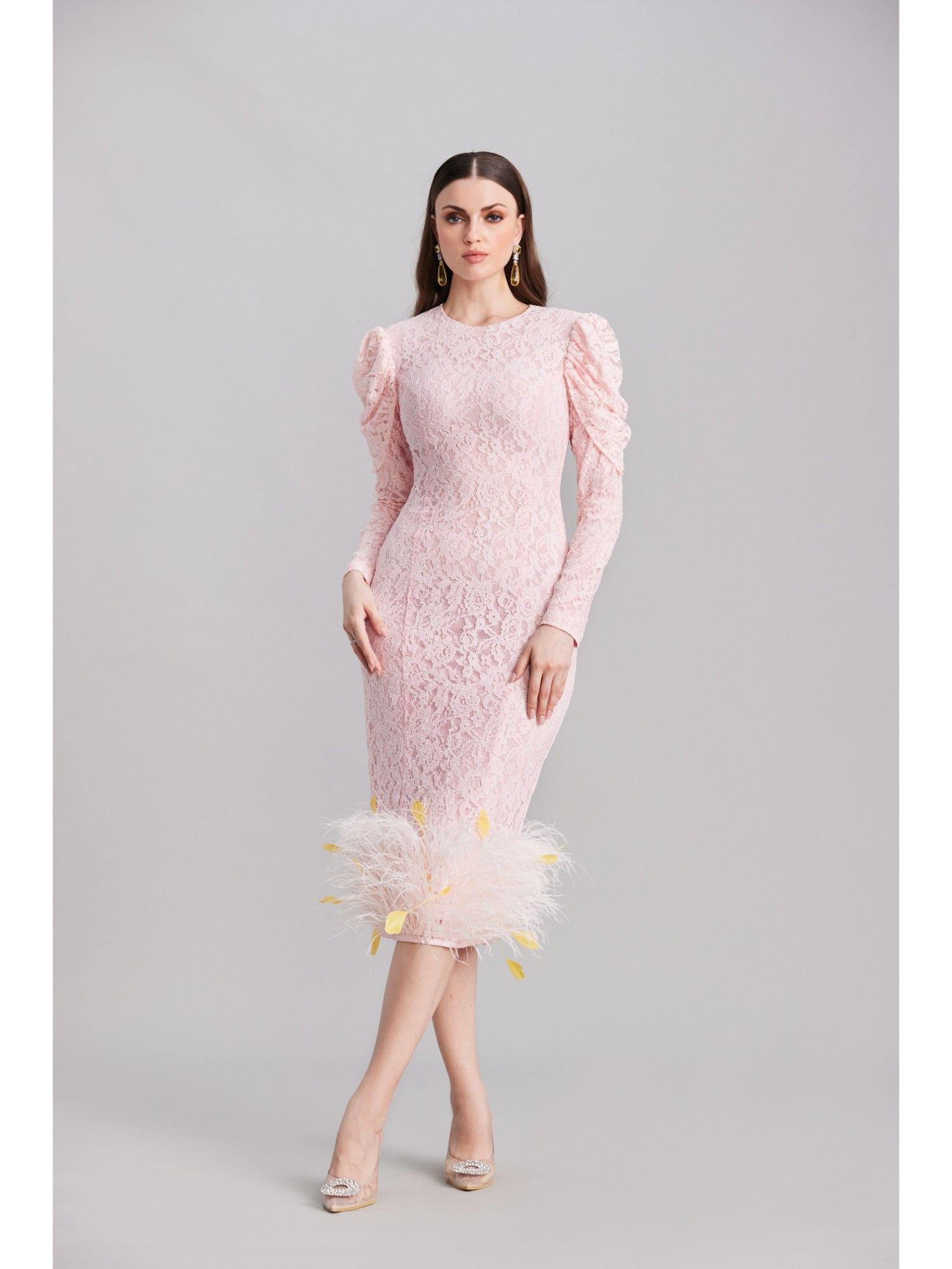 baby pink lace midi with feathers