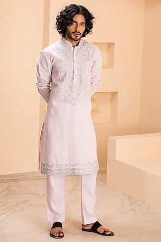 baby pink linen embroidered kurta set