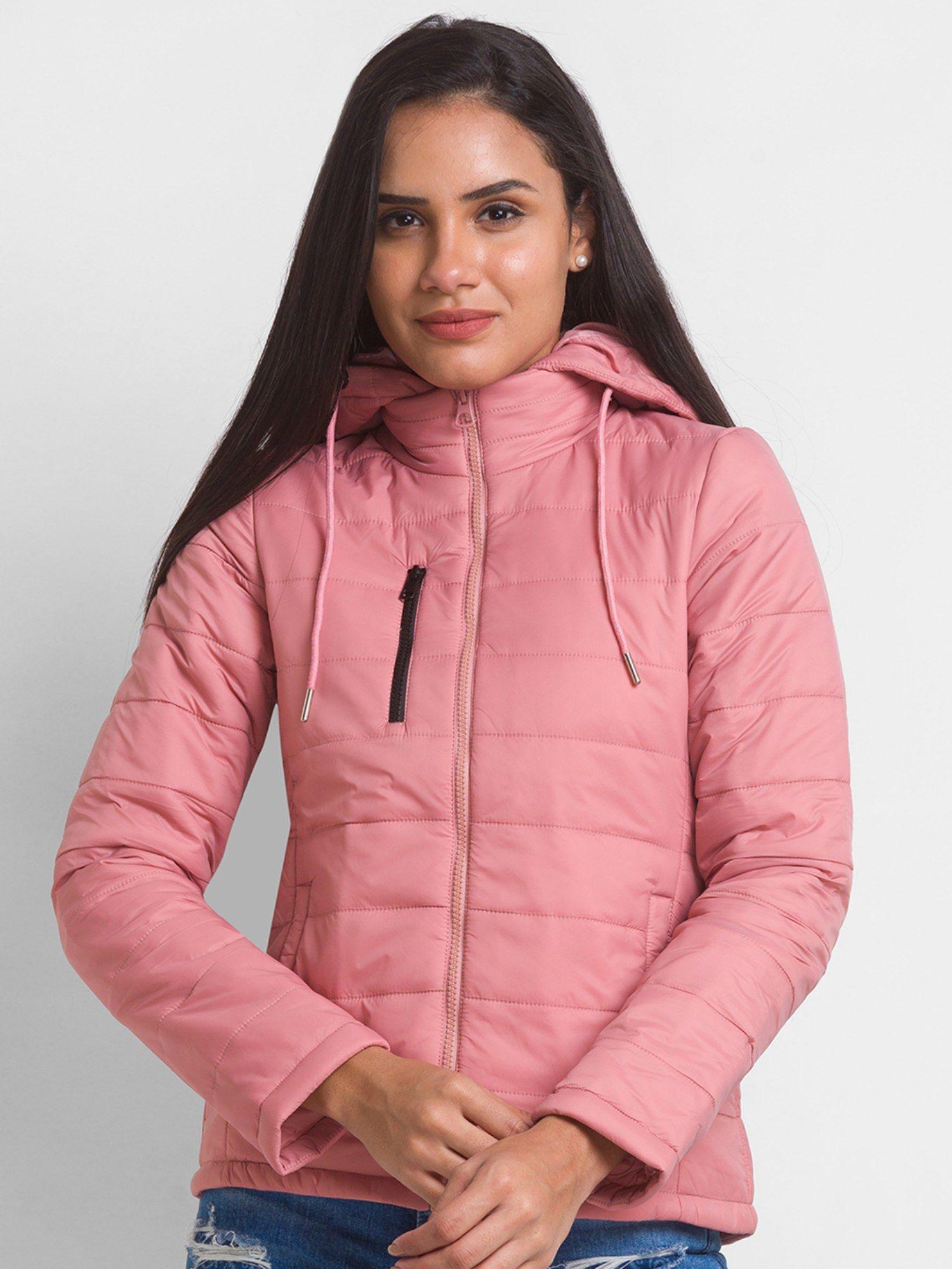 baby pink nylon full sleeve casual jacket for women