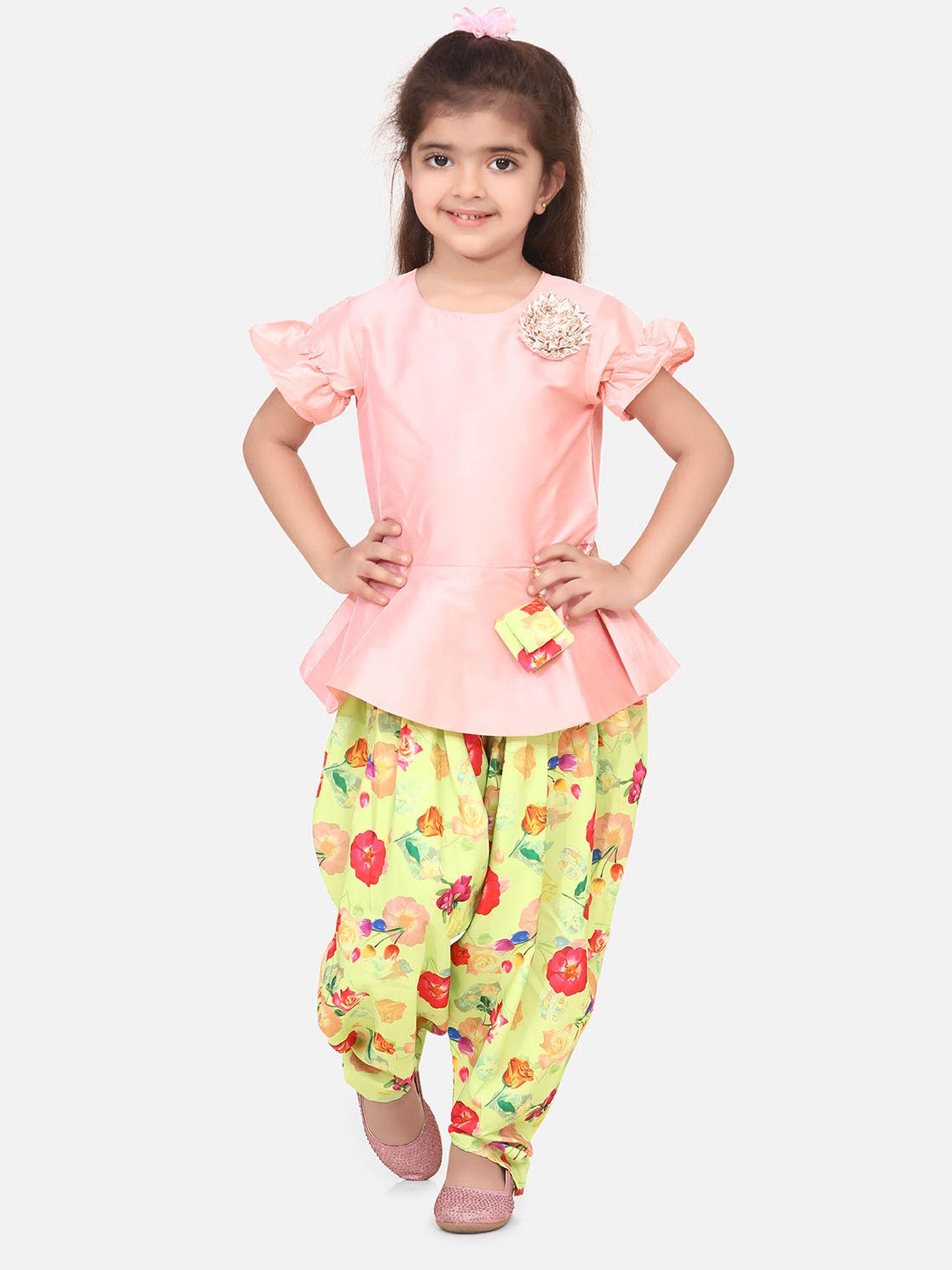 baby pink peplum suit with lime green dhoti set floral