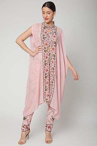 baby pink printed & embroidered cape set