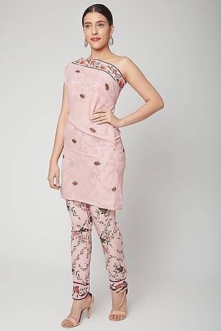 baby pink printed & embroidered kurta with bustier & pants