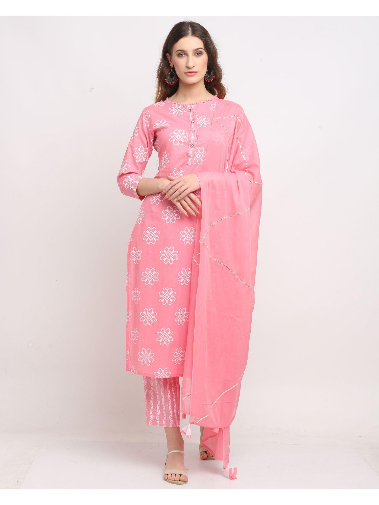 baby pink pure cambric cotton jaipuri printed kurta with dupatta (set of 3)
