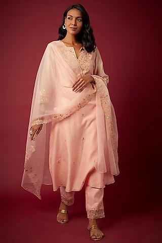 baby pink pure chanderi machine embroidered kurta set