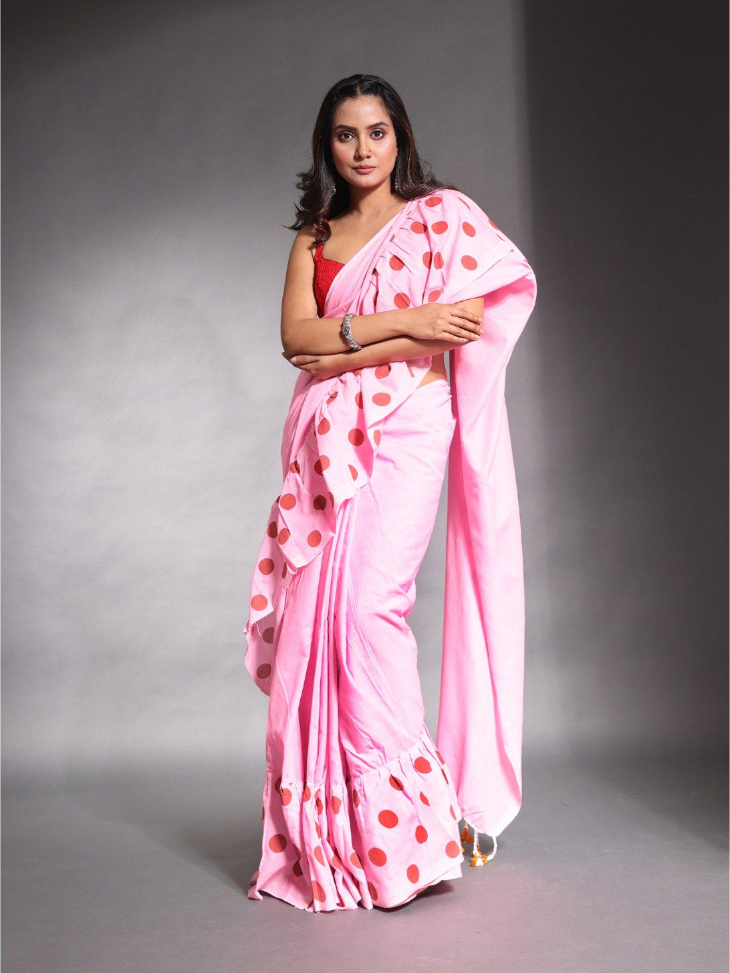 baby pink pure cotton solid ruffle saree with unstitched blouse