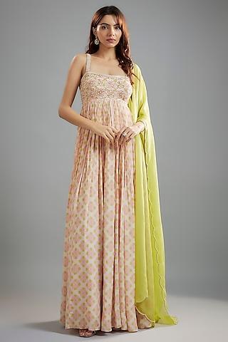 baby pink pure crepe floral printed & pearl embroidered anarkali set