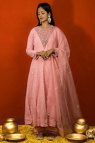 baby pink pure malai chanderi zardosi embroidered kalidar kurta set
