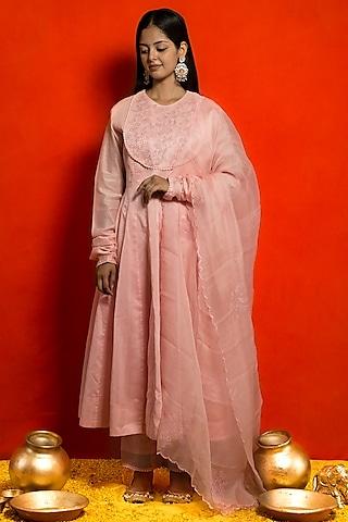 baby pink pure silk chanderi resham embroidered kurta set