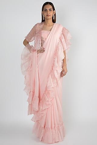 baby pink raw silk & organza ruffled saree set with embroidered jacket