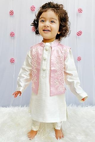 baby pink raw silk hand embroidered jacket set for boys