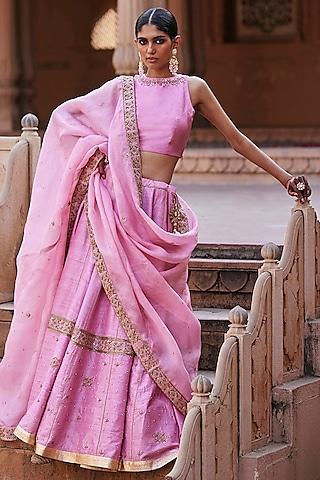 baby pink raw silk zardosi hand embroidered kalidar lehenga set