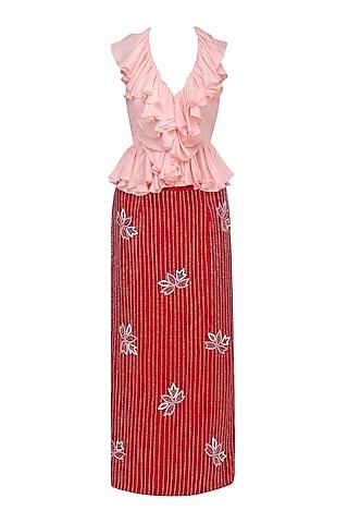 baby pink ruffle blouse and red velvet skirt
