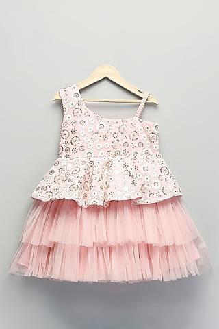 baby pink silk & soft net pearl embroidered ruffled dress for girls