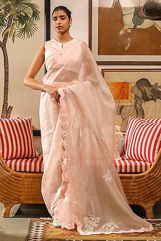 baby pink silk organza floral embroidered saree set