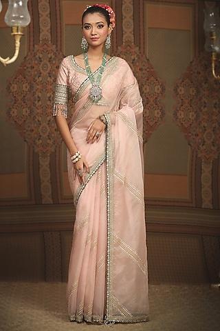 baby pink silk organza gota & dori embroidered leheriya saree set