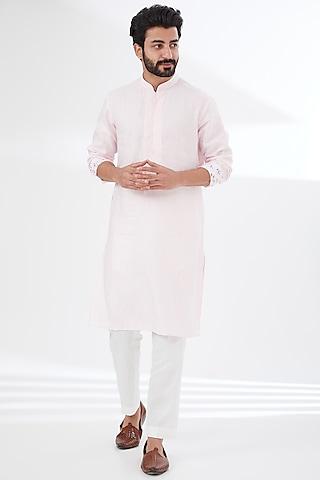 baby pink slim fit linen & cotton satin kurta set