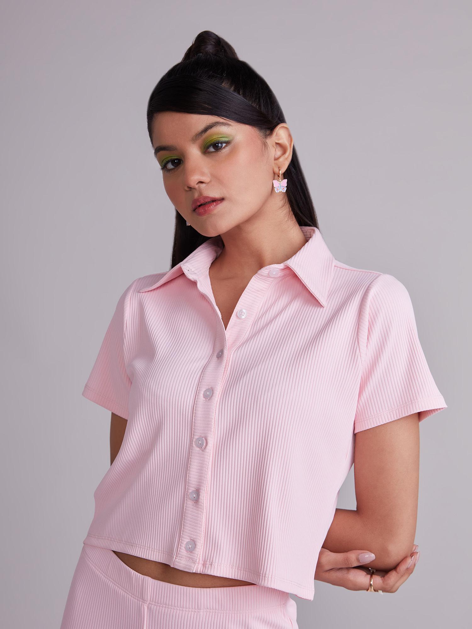 baby pink solid half sleeves cropped shirt