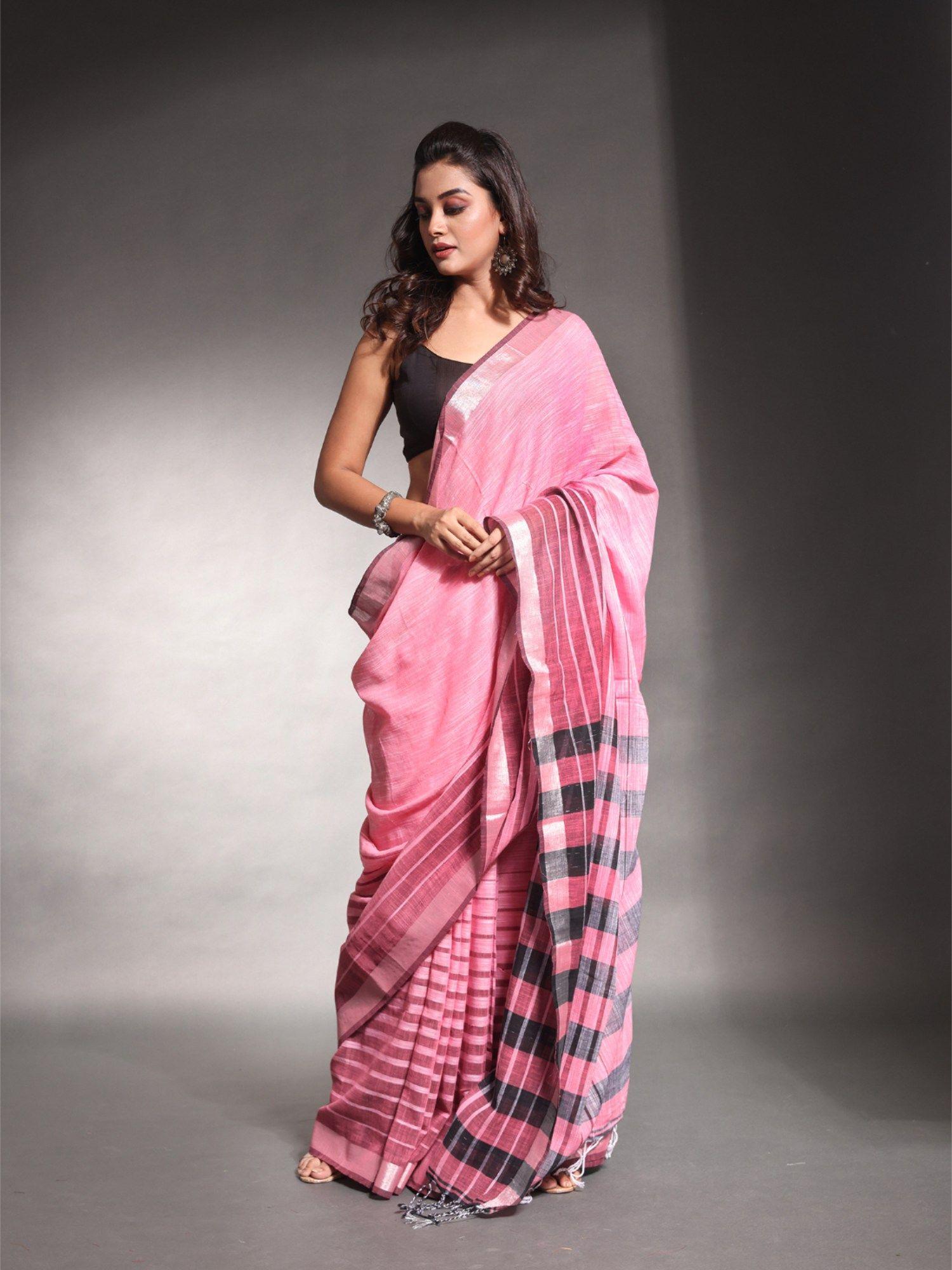 baby pink stripes pattern pure cotton soft saree with unstitched blouse