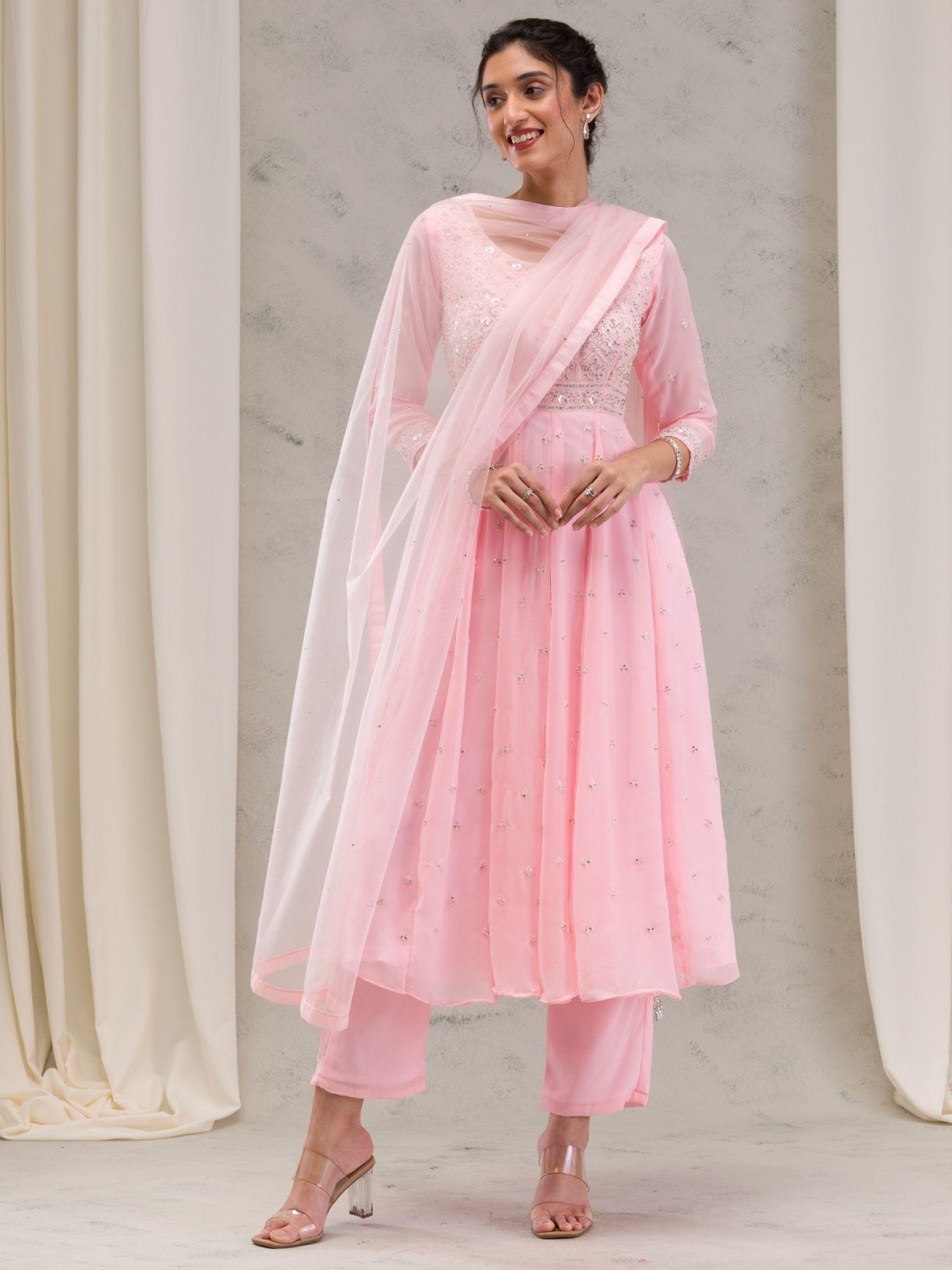 baby pink thread work georgette readymade kurta with palazzo (set of 3)