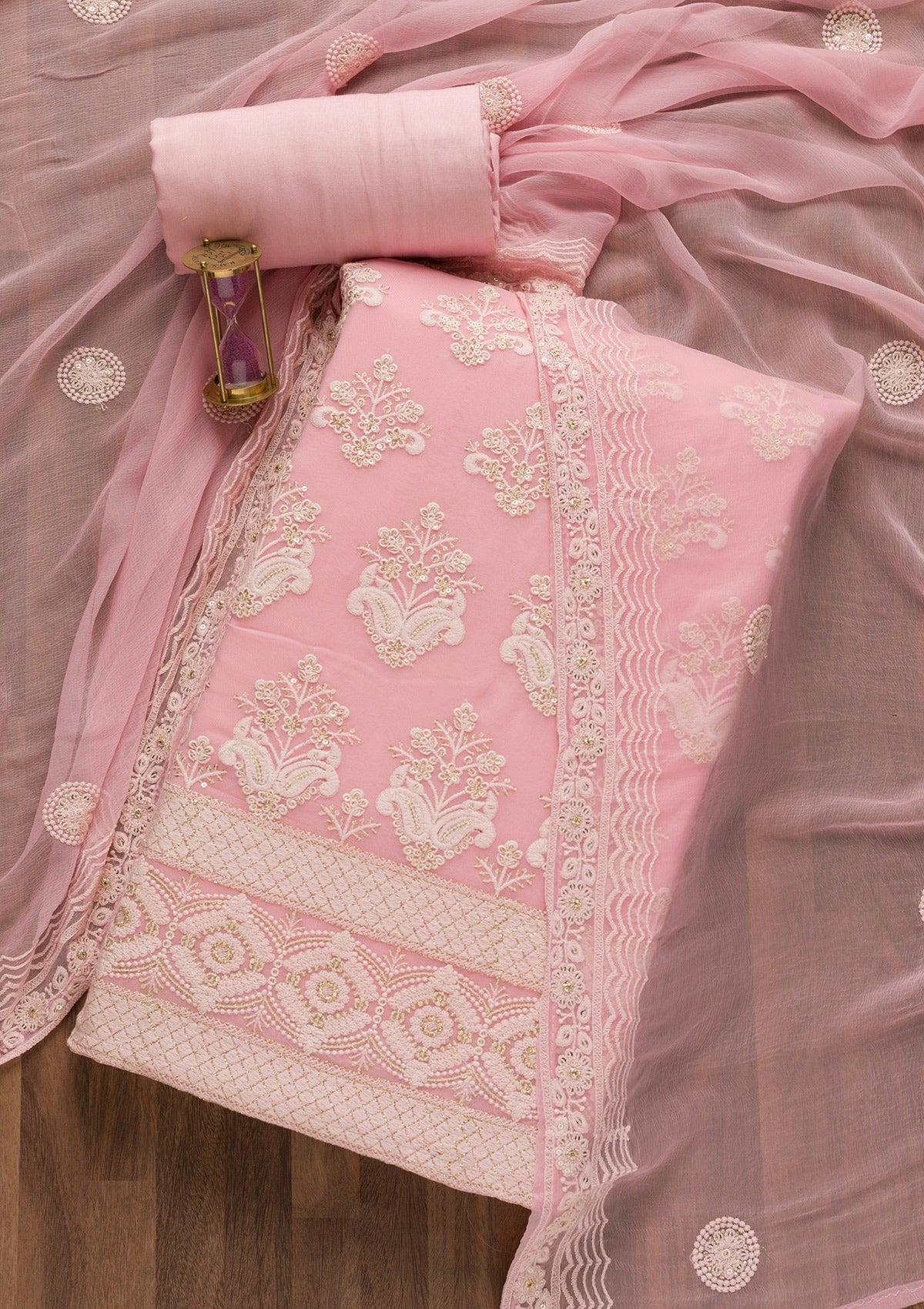 baby pink threadwork georgette unstitched salwar suit