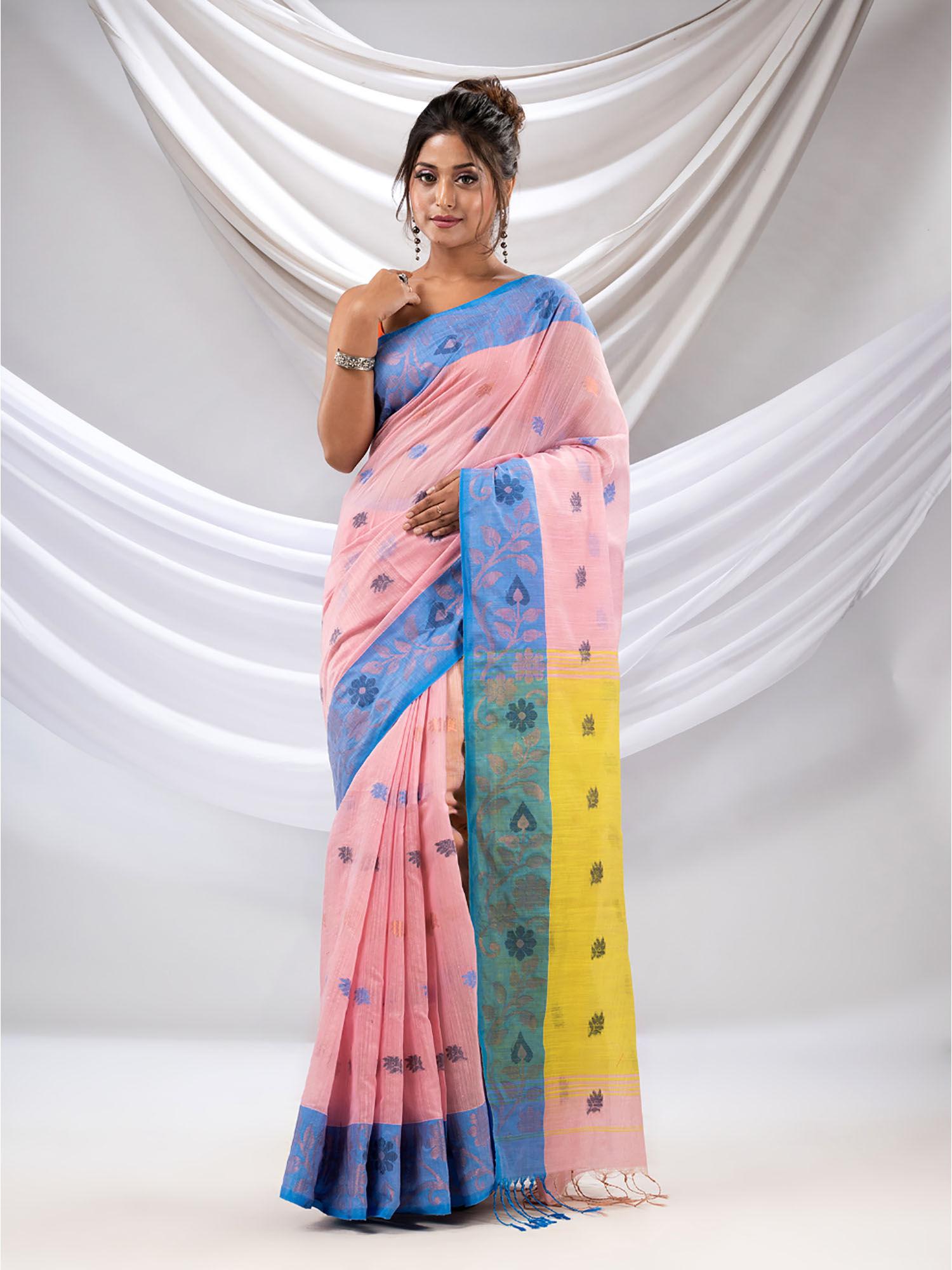 baby pink tissue handwoven soft saree with floral nakshi borders with unstitched blouse