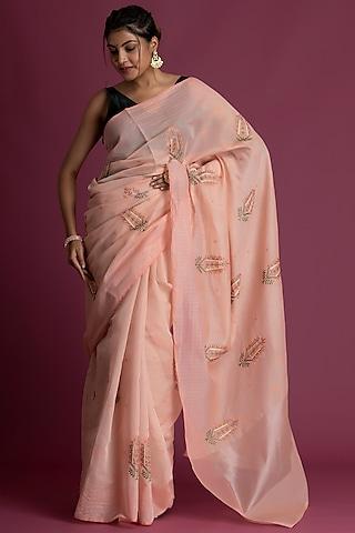 baby pink tissue silk printed & embellished saree set
