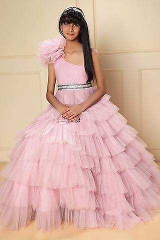 baby pink tulle floral flared gown for girls
