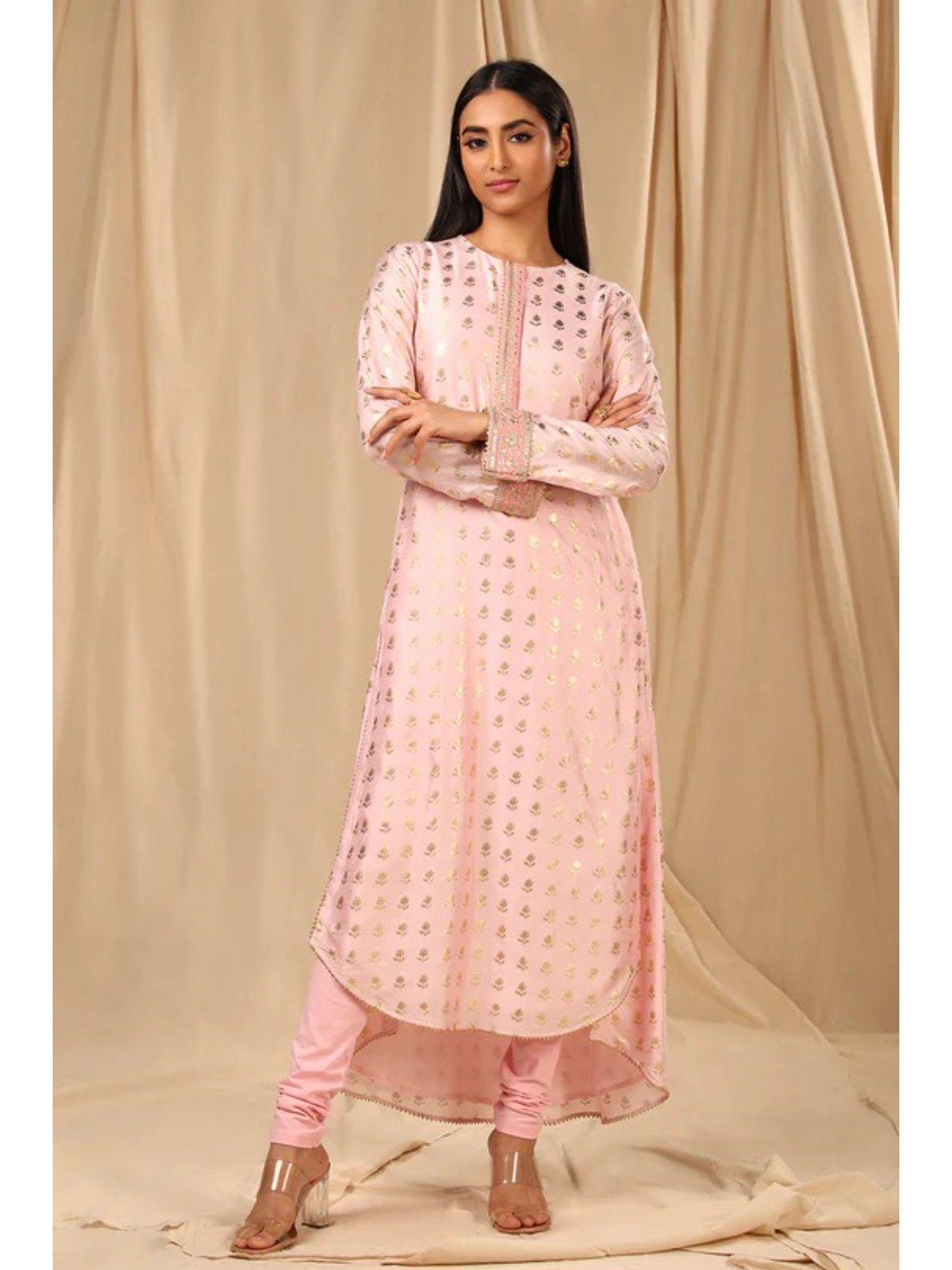 baby pink wallflower high low kurta (set of 2)