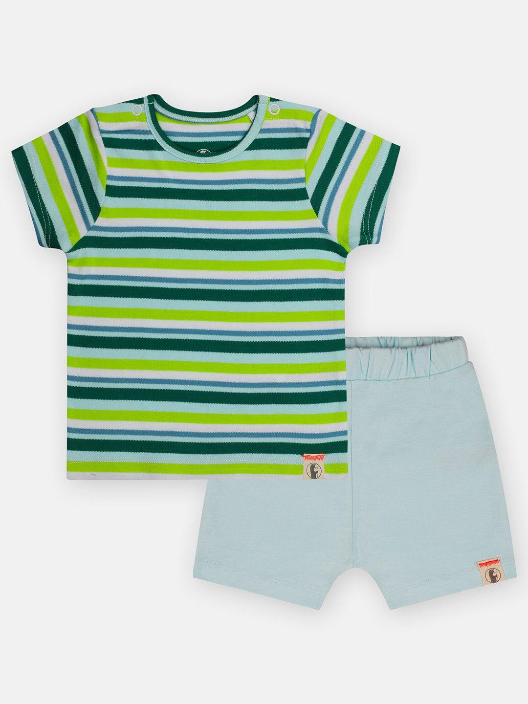 babysafe boys green & blue striped pure cotton t-shirt with shorts set