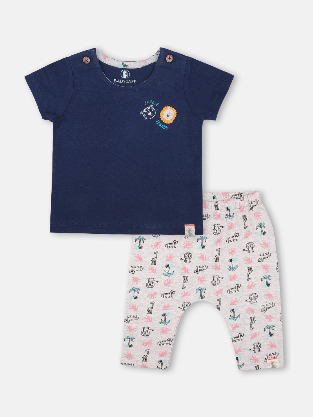 babysafe boys navy blue & off-white solid t-shirt with pyjamas