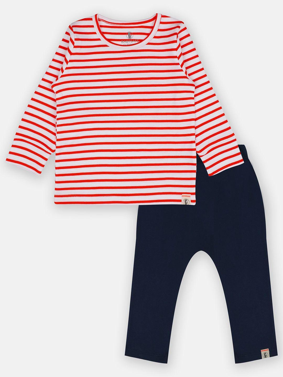 babysafe boys red & navy blue striped pure cotton t-shirt with pyjama set