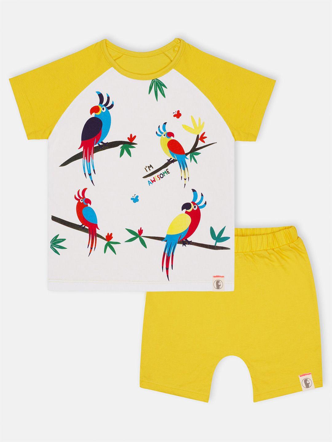 babysafe boys white & yellow printed pure cotton t-shirt with shorts