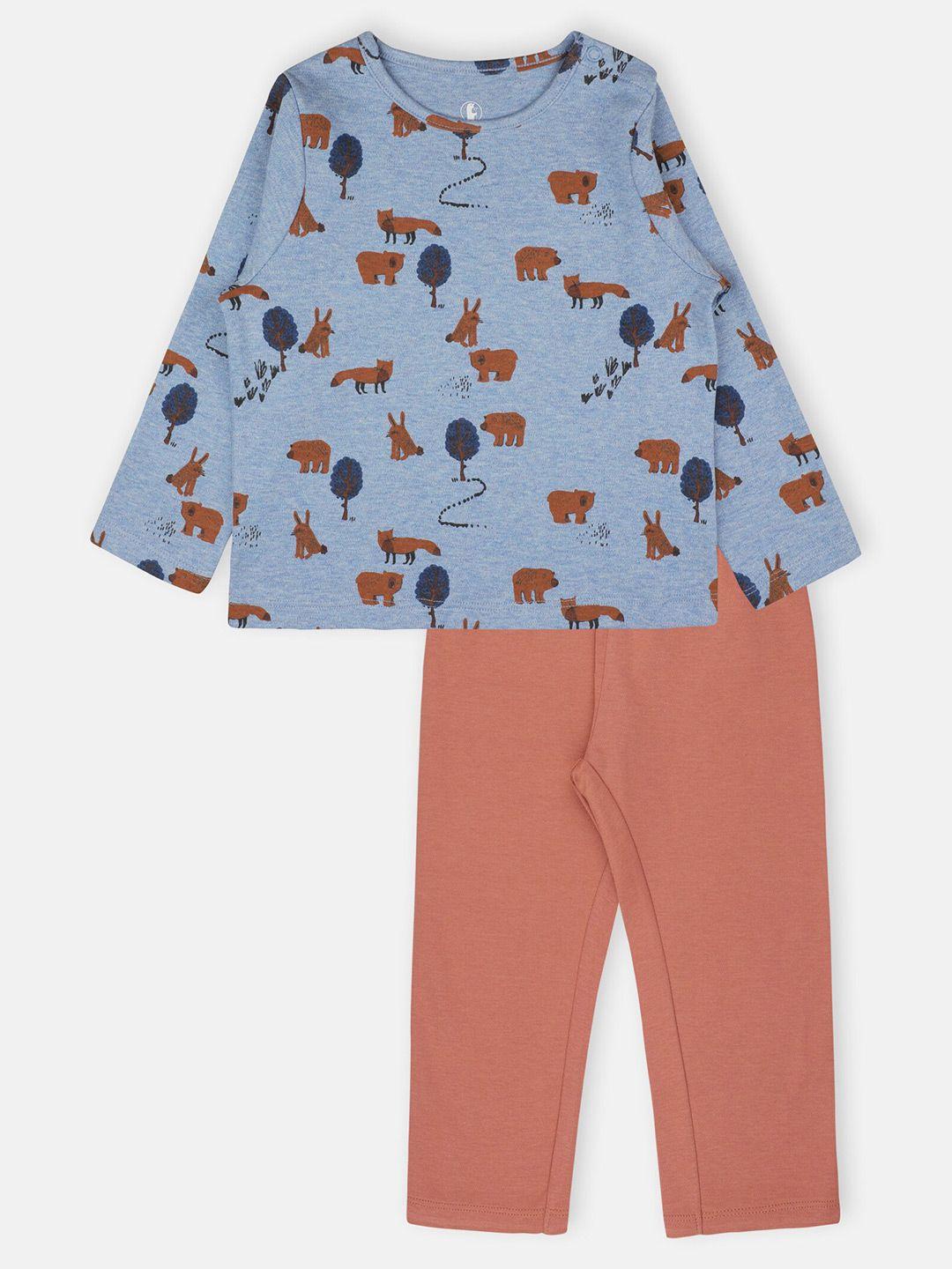 babysafe boys blue & coral orange printed t-shirt with pyjamas