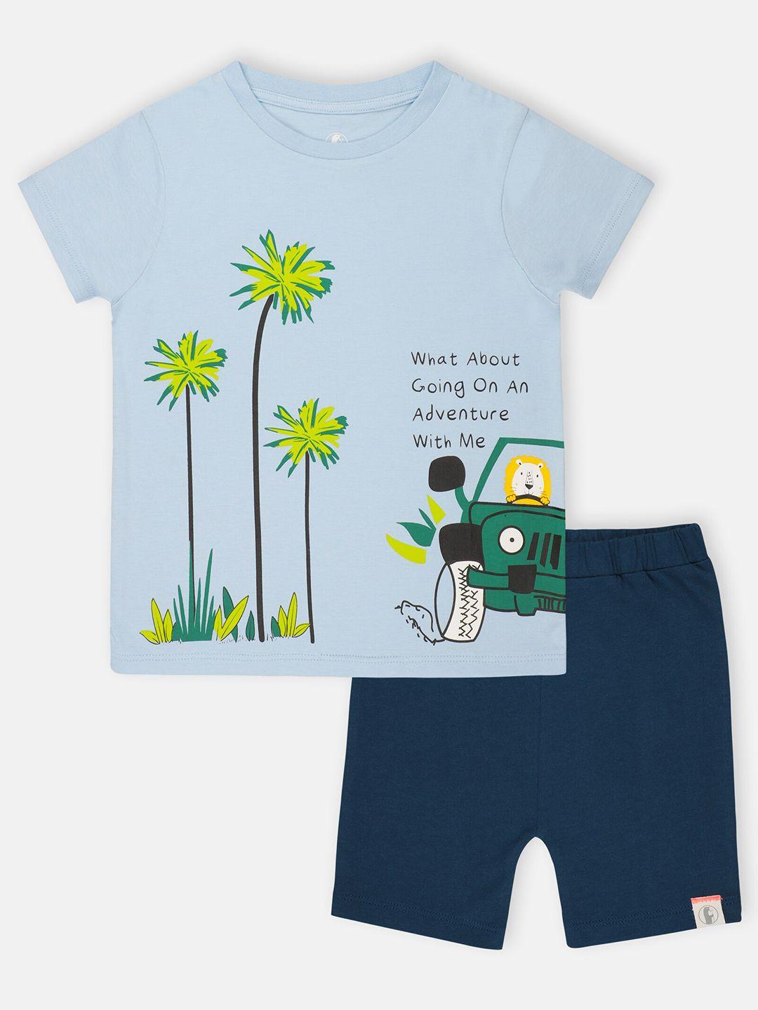 babysafe boys green & blue printed pure cotton t-shirt with shorts