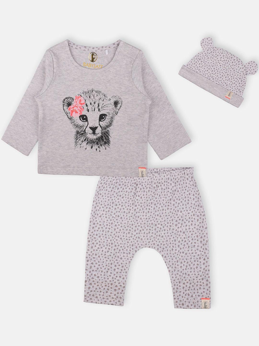 babysafe boys grey melange & black pure cotton printed top with pyjamas & beanie cap