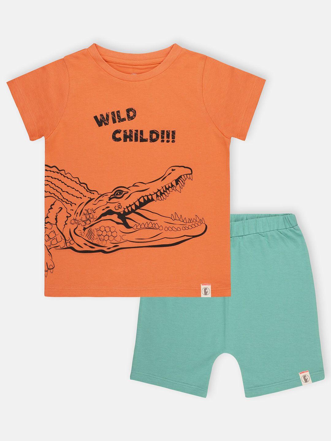 babysafe boys orange & sea green printed pure cotton t-shirt with shorts