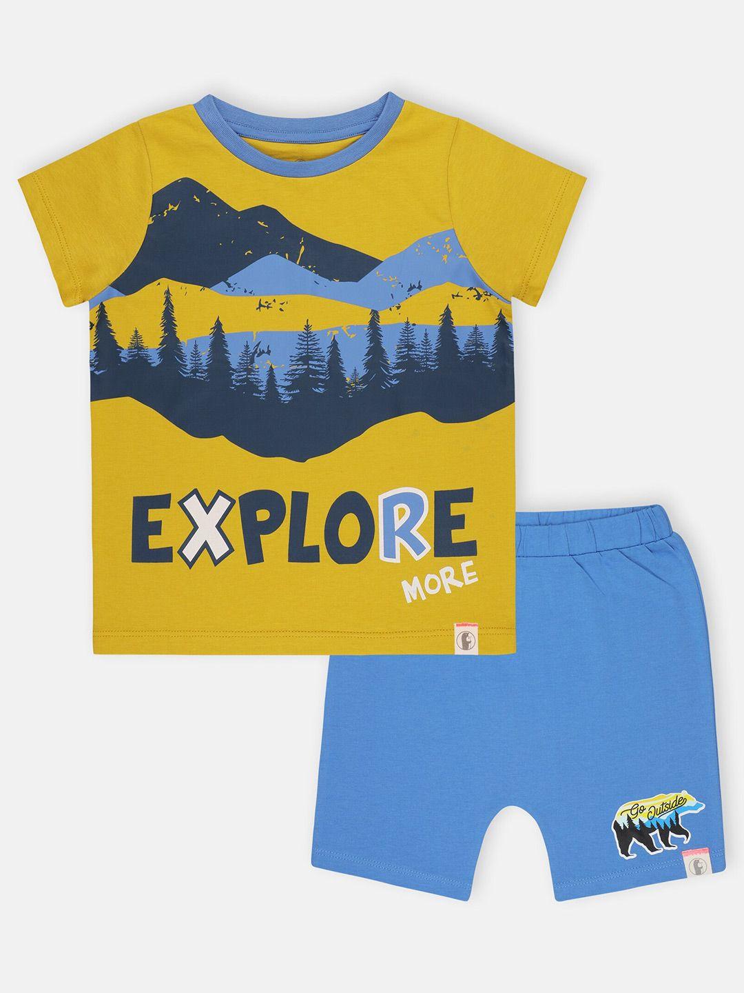 babysafe boys yellow & blue graphic printed pure cotton t shirt & shorts