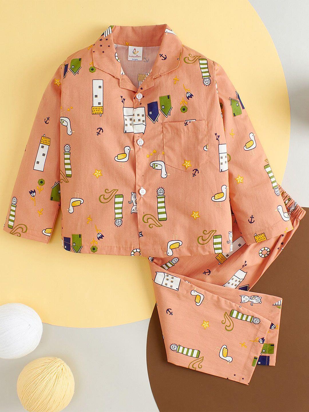 babywish unisex kids peach-coloured printed night suit