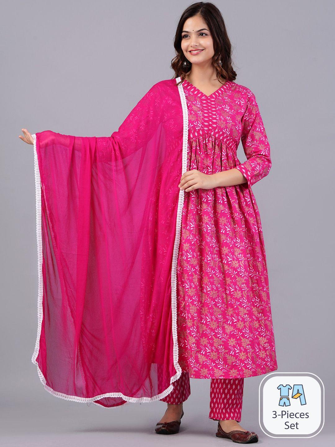 bachuu floral printed empire anarkali pure cotton kurta with trousers with dupatta