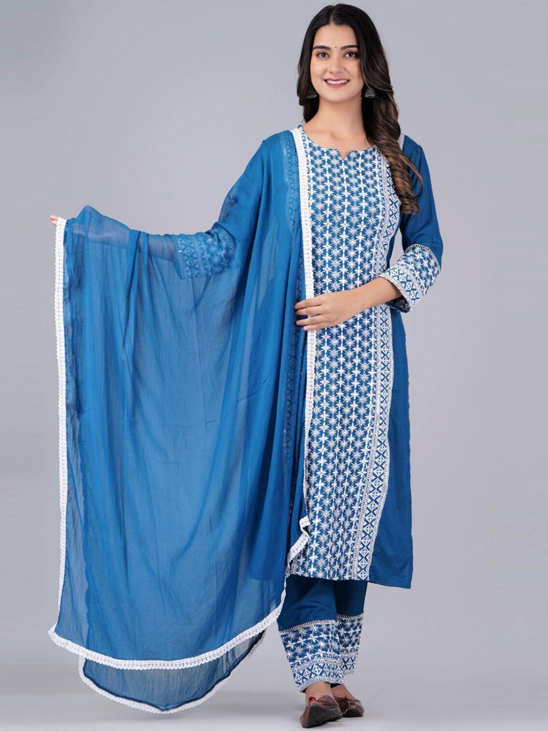 bachuu women blue floral embroidered regular chikankari kurta with trousers & with dupatta