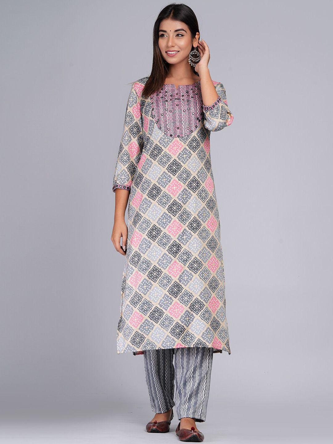 bachuu women grey embroidered regular patchwork chanderi cotton kurta with trousers