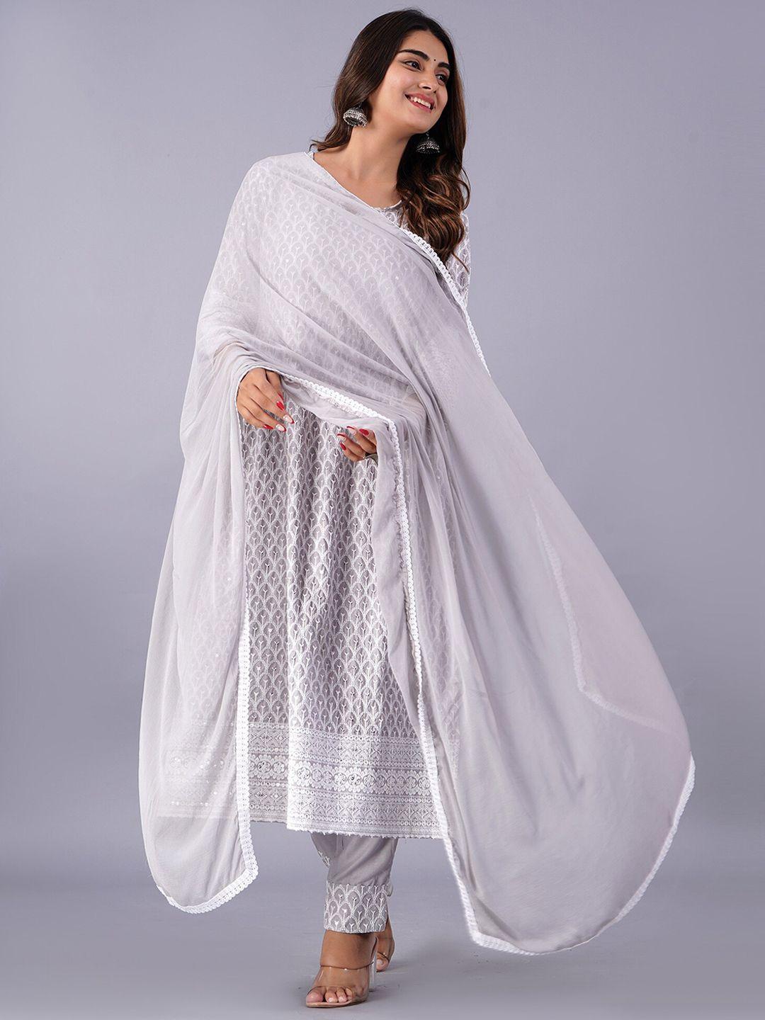 bachuu women grey ethnic motifs embroidered empire chikankari kurta with trousers & with dupatta