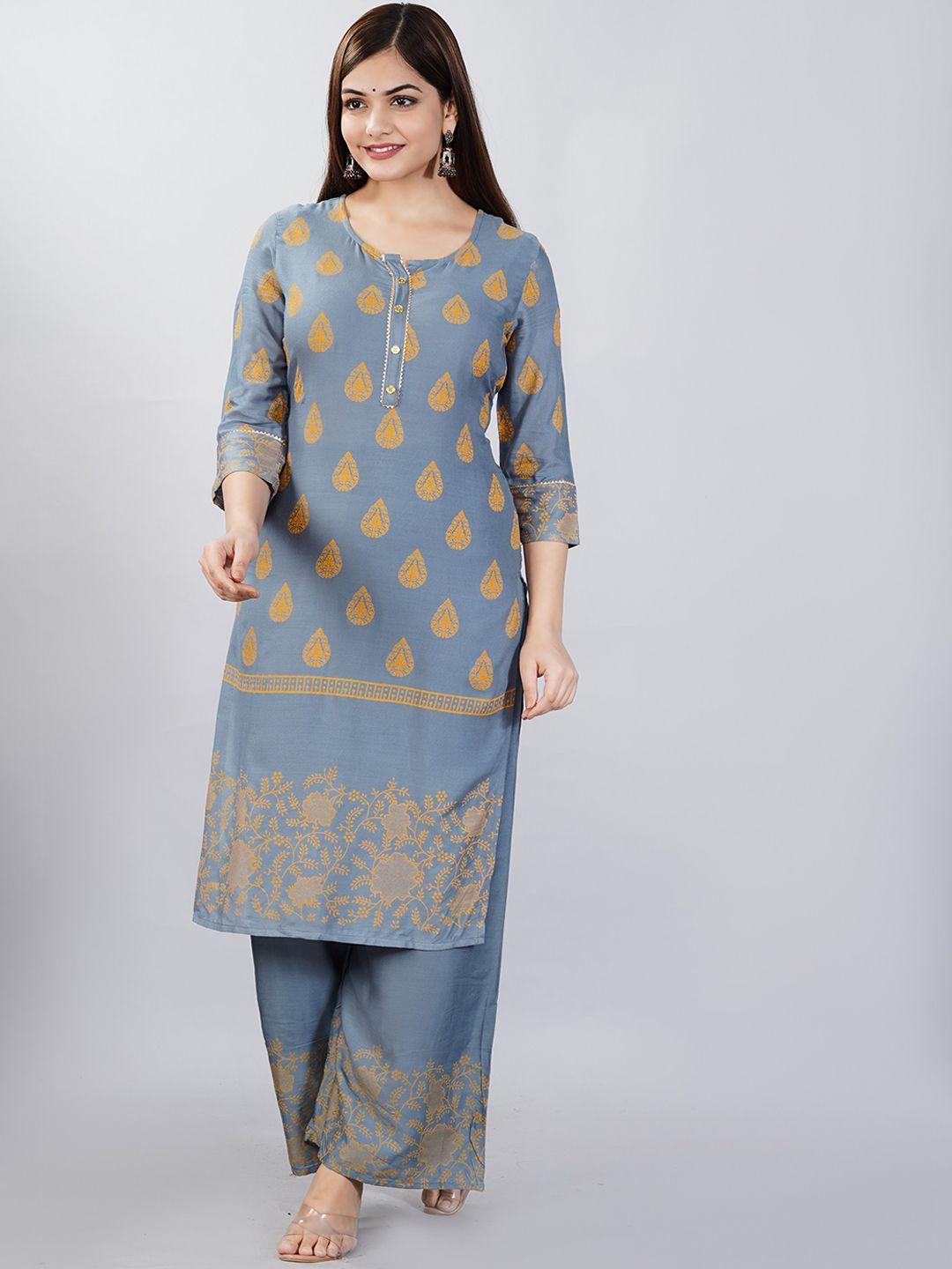 bachuu women grey ethnic motifs printed kurta with palazzos