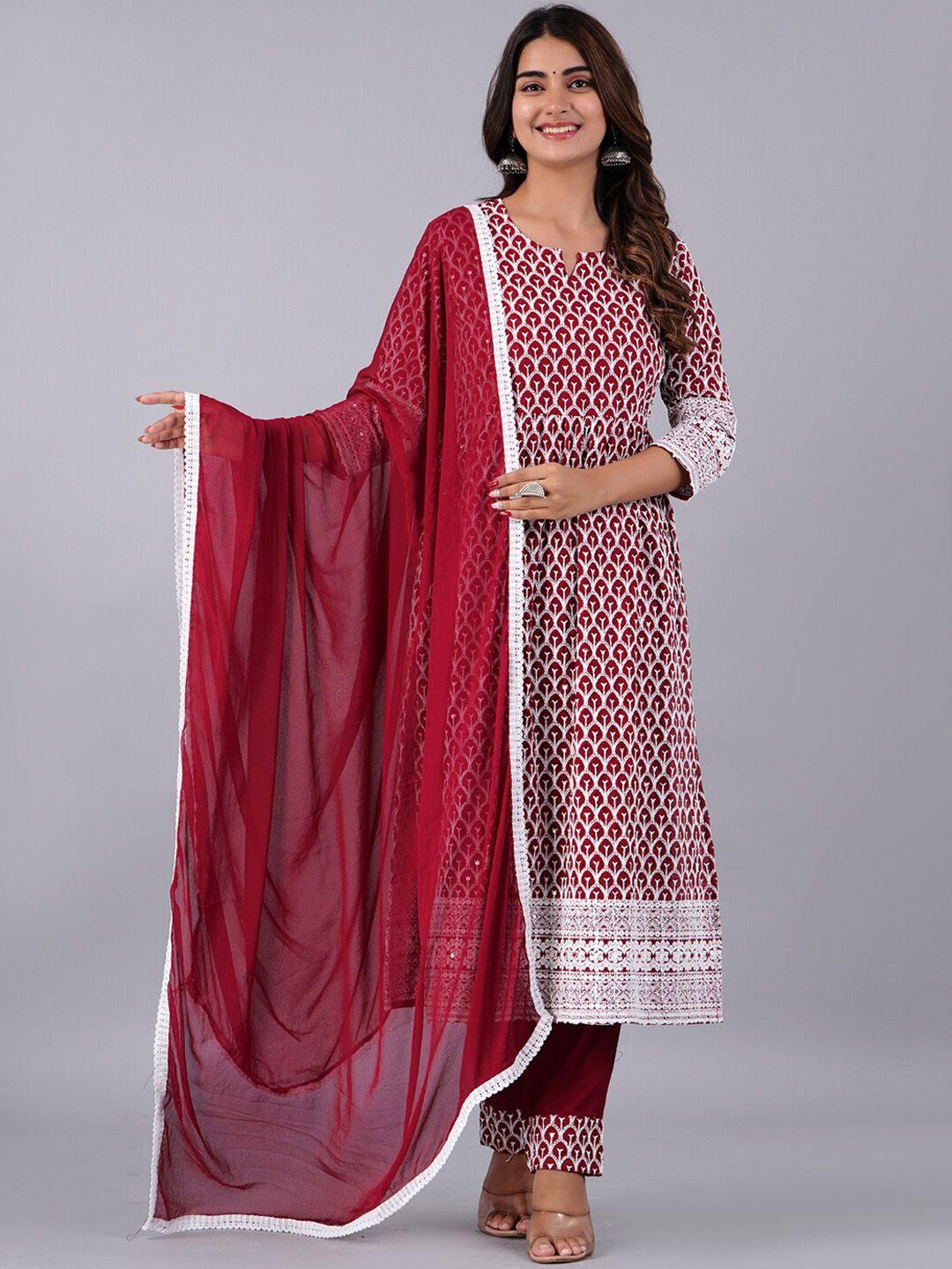 bachuu women maroon ethnic motifs embroidered empire chikankari kurta with trousers & with dupatta