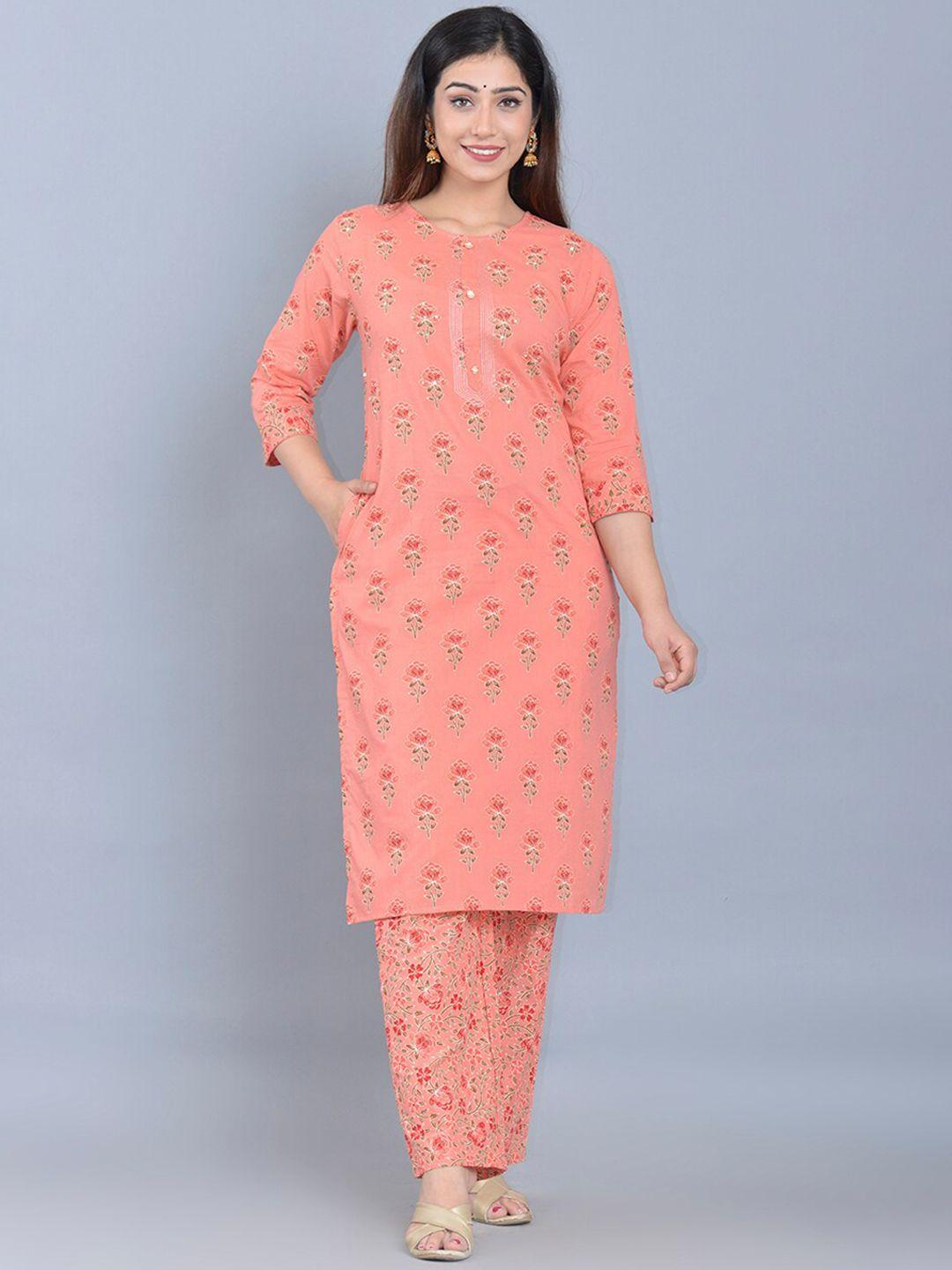 bachuu women peach-coloured floral printed kurta with trousers