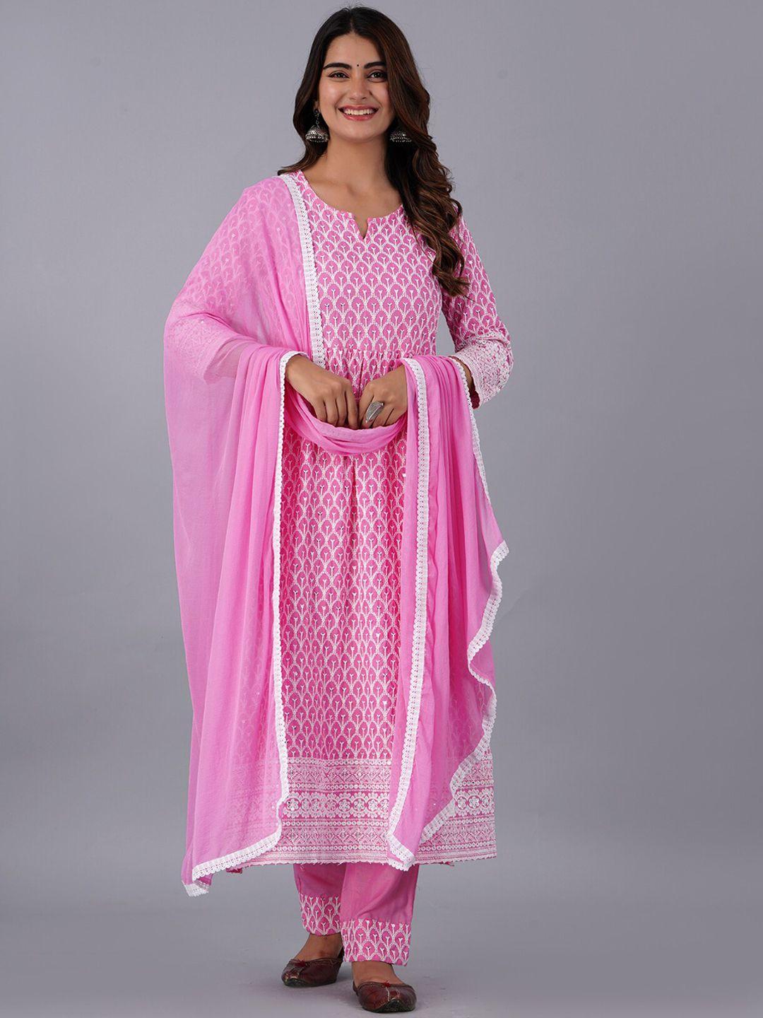 bachuu women pink ethnic motifs embroidered empire chikankari kurta with trousers & with dupatta