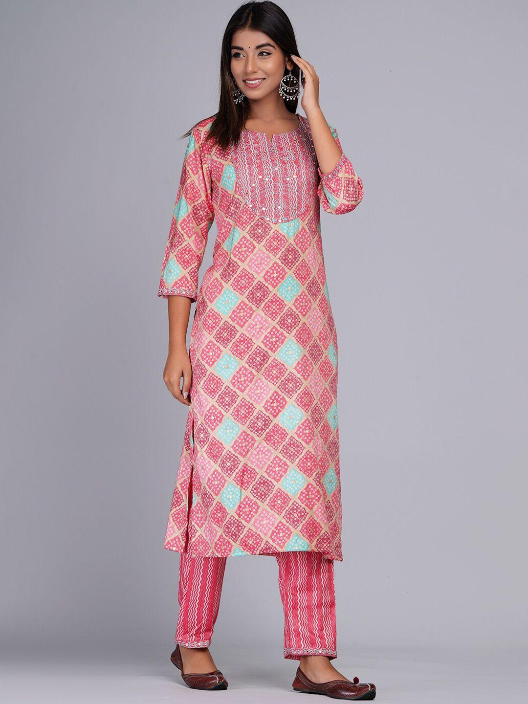 bachuu women pink ethnic motifs printed regular mirror work chanderi cotton kurta with trousers