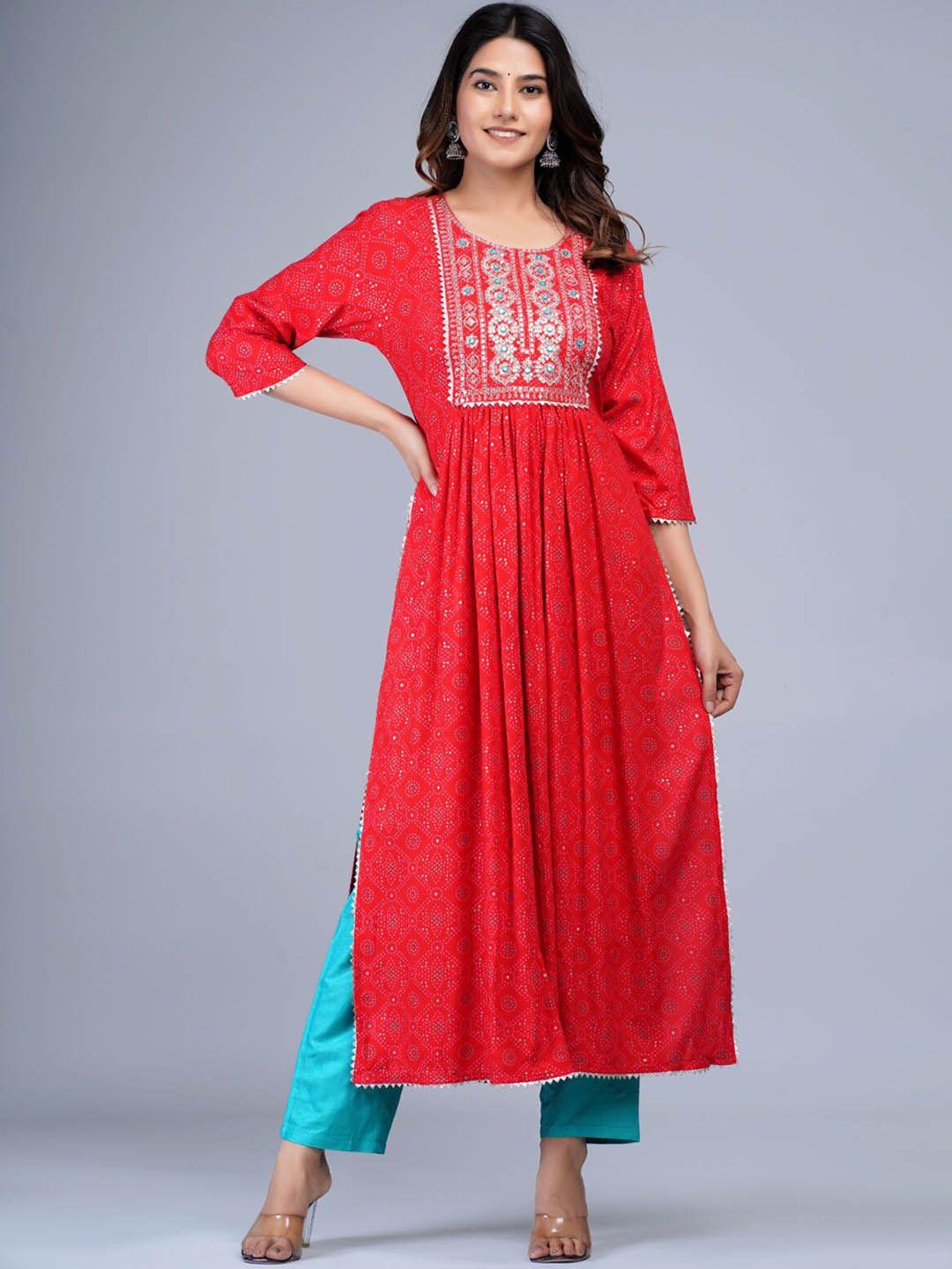 bachuu women red embroidered high slit mirror work kurta with trousers
