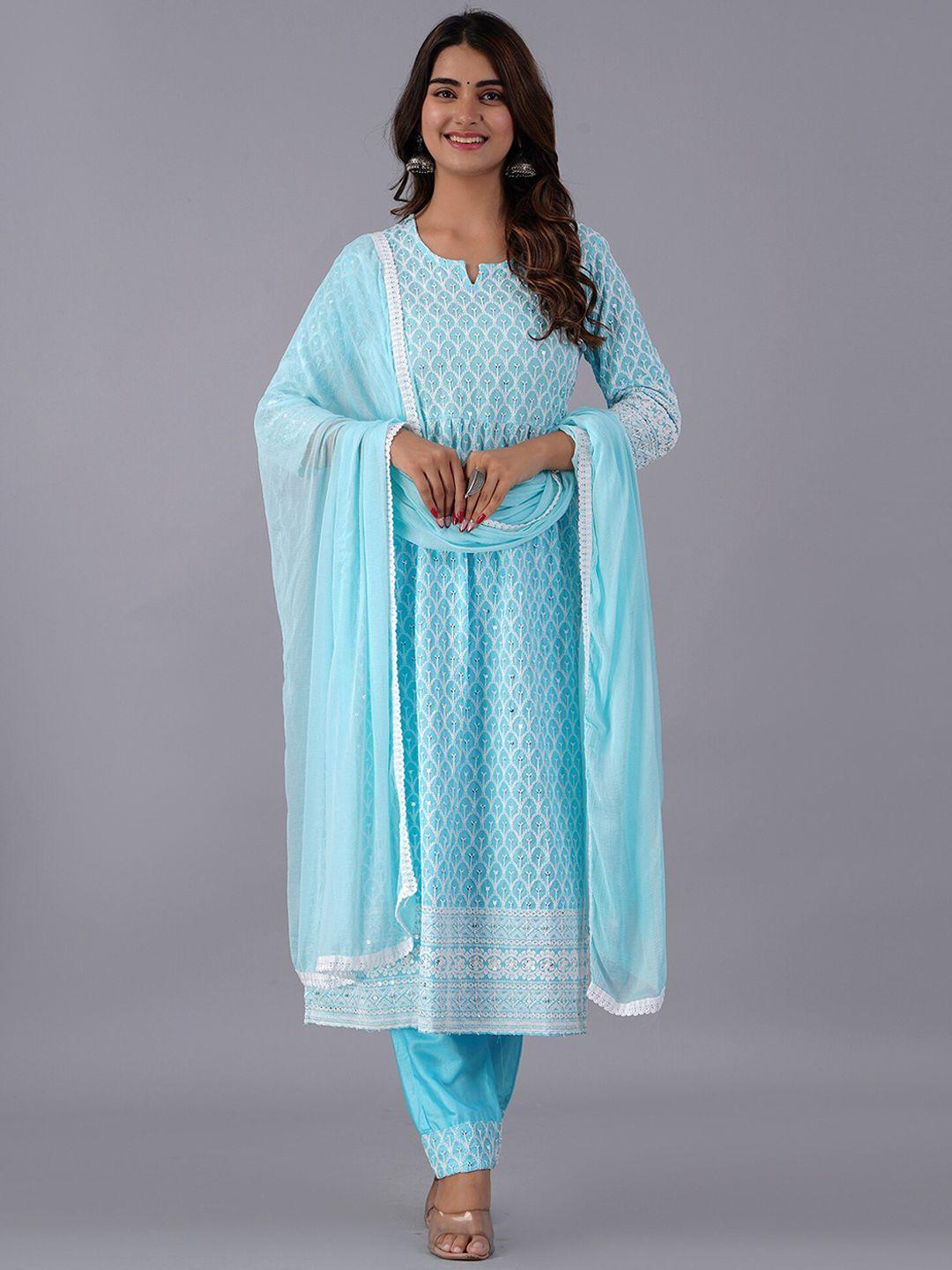 bachuu women turquoise blue ethnic motifs embroidered empire chikankari kurta with trousers & with dupatta